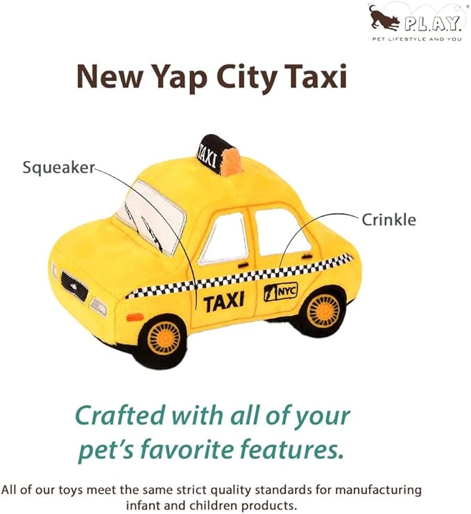 P.L.A.Y. Cute Plush Dog Toys - Canine Commute, Travel Themed Durable Squeaker Chew Toy, Great for Puppies & Small, Medium, Large Dog Breeds - Machine Washable, Recycled Materials (New-Yap City Taxi)
