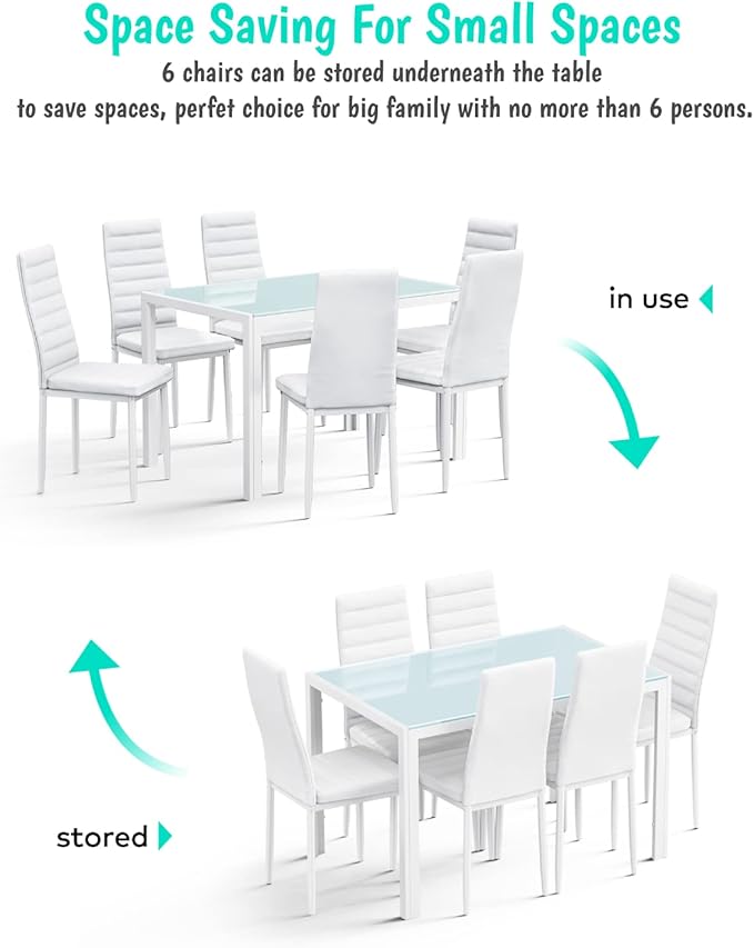 Gizoon Glass Dining Table Sets for 6, 7 Piece Kitchen Table and Chairs Set for 6 Person, PU Leather Modern Dining Room Sets for Home, Kitchen, Living Room