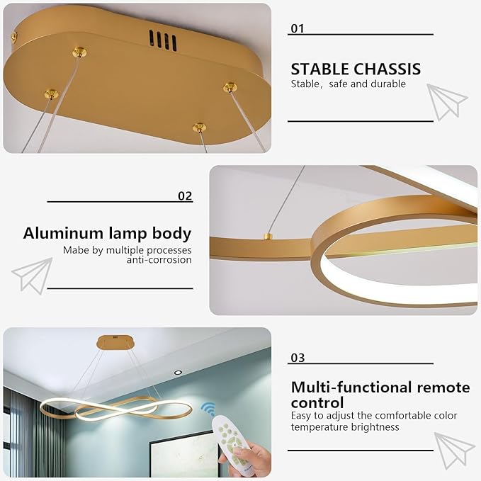 Gold Led Chandeliers for Dining Room Light Fixture Modern Led Pendant Light Kitchen Island Lighting for Kitchen Island Chandelier Over Table, Dimmable Adjustable Height Pendant Light Ceiling Hanging