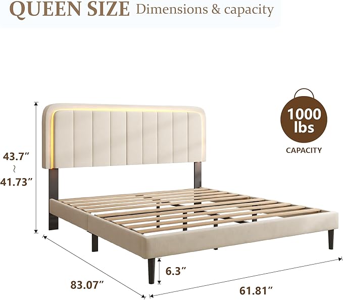 Queen Size Bed Frame with LED Lights, Upholstered Platform Bed with Adjustable Headboard, No Box Spring Needed, Noise-Free, Easy Assembly, Velvet Beige