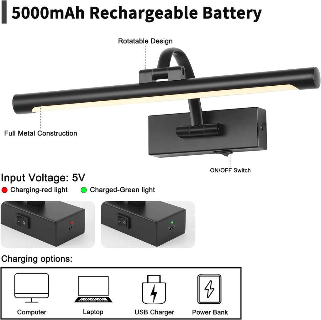 Picture Lights Battery Operated with Remote and Dimmable Function, Rechargeable Gallery Light Black Art Light Wireless Painting Lights 16'' Inch for Display, Portrait, Artwork, Warm White