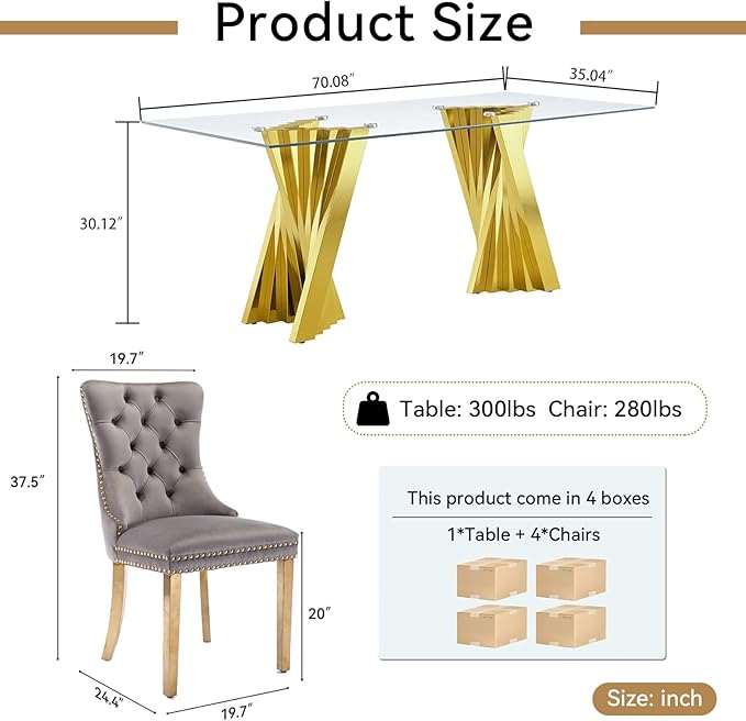 Goujxcy Modern 5 Piece Glass Dining Table Set Luxury Glass Kitchen Table and Chair Set for 4, 70" Large Rectangular Dining Room Table with 4 Tufted Chairs and Stainless Steel Legs (Gold & Grey)