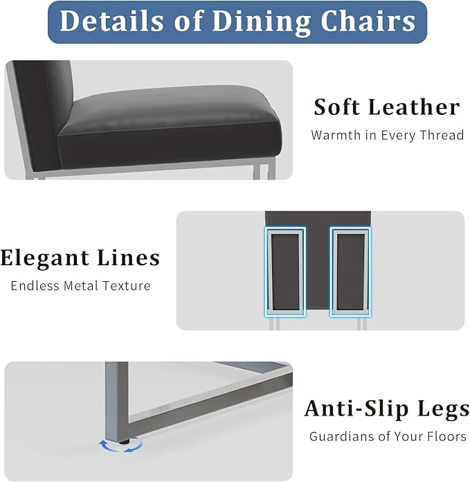 AUZ Dining Chairs, Mid-Century Modern Upholstered Chairs, Gray Faux Leather Dining Room Chairs Set of 2 with Silver Sled Legs
