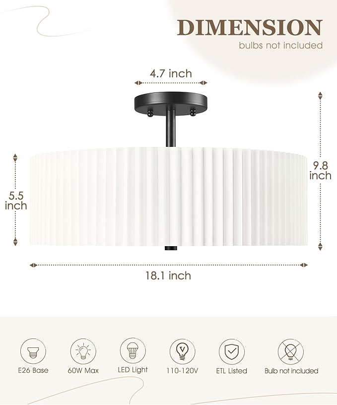 Semi Flush Mount Ceiling Lights, 4-Light 18" Matte Black Ceiling Light Fixture with White Pleated Fabric Shade, Drum Lamp for Nursery Hallway Bedroom Kitchen, AD-25036-4SF-BK