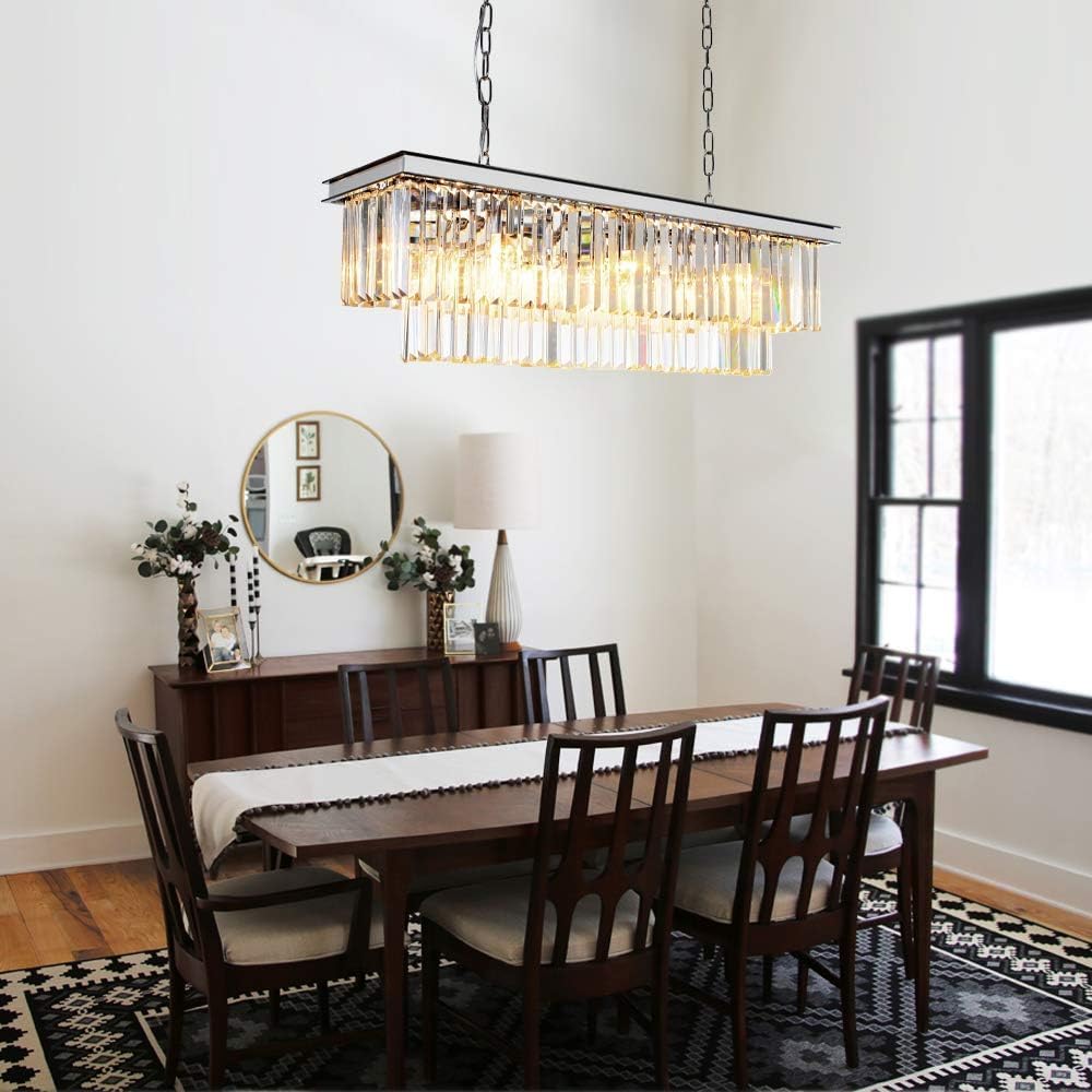 L39.4 Chrome Rectangle Modern Crystal Chandeliers Lighting Rectangular Pendant Ceiling Lights Fixture Lamp for Dining Living Room