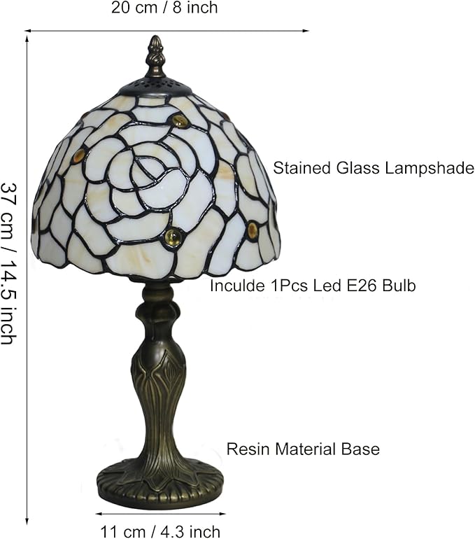 Tiffany Style Small Table Lamp, 8X8X14.5 Inch Rose Stained Glass Lamp, Small Antique Side Table Lamps, Bedside Nightstand Lamp, for Bedroom Living Room Home Office,LED Bulb Include