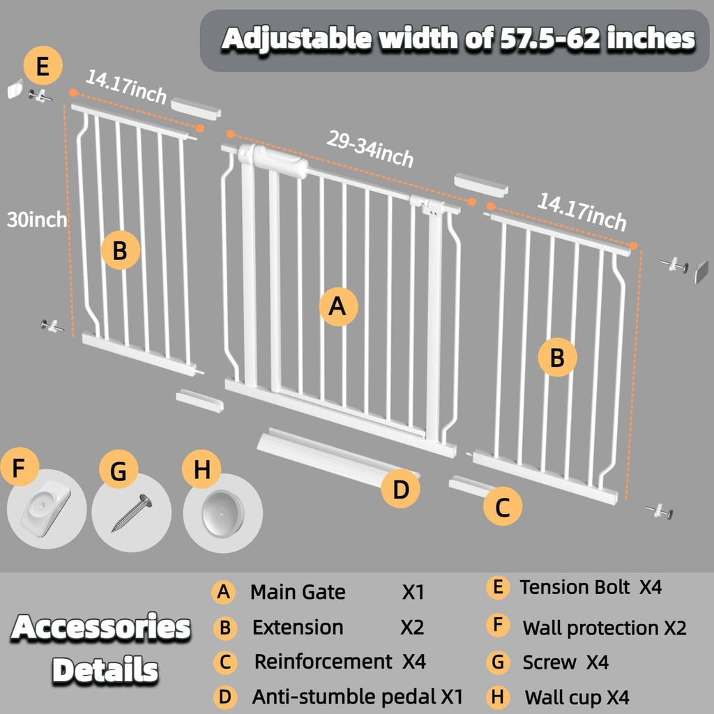 57.5"-62" Extra Wide Auto Closing Baby Safety Gate for Stairs & Doorways, Pressure Mounted No Drill Pet Gate with Walk-Through Door - Heavy Duty Childproof Gate for Toddlers, Kids, Dogs (White)