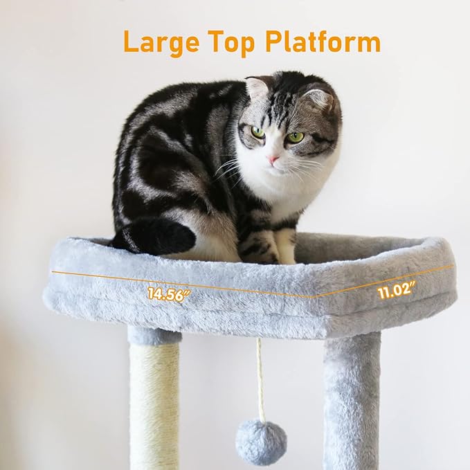 KIYUMI Cat Tree Cat Tower Condo with Sisal Scratching Post for Indoor Cats Cat Tree Cat Furniture with Hammock Perch and Kitten Ball Toys, Multi-Level Pet Activity Center Grey