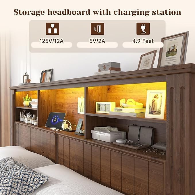 EnHomee King Size Bed Frame and Headboard & Storage,4 Drawers and LED Built in Charging Station King Bed Frame with Storage Farmhouse, NO Noise,No Box Spring Needed,Brown
