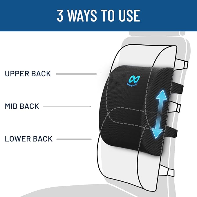 Everlasting Comfort Lumbar Support Pillow for Office Chair - Memory Foam Back Cushion for Car Seat - Promotes Better Posture, Back Pain Relief - Ideal Gaming and Desk Chairs Work and Home Essentials