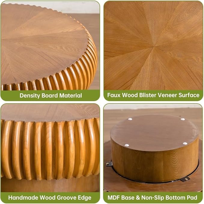 Brown Round Coffee Table for Living Room Round Fluted Drum Coffee Table Modern Fluted Coffee Tables for Living Room (Brown, 31.4 inch)