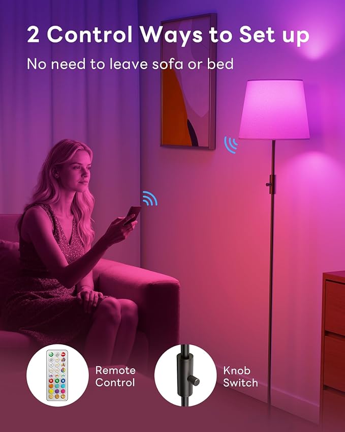 Dimmable Floor Lamp, 1200 Lumens RGBCW Color Change Bulb Included, Standing Lamp with Linen Shade, 62" Tall Lamp with Remote for Living Room, Bedroom, Office, Dining Room, Kitchen, Black