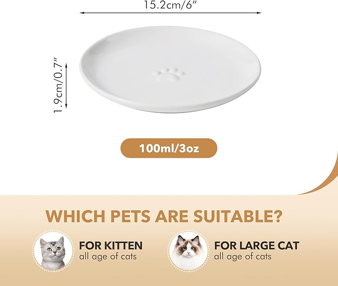 6.1'' Ceramic Wide Cat Dishes, Set of 3 Ceramic Cat Bowls, Indoor Kitten Feeding Wet & Dry Shallow Food Dish Anti Whisker Fatigue(3 Pcs, White)