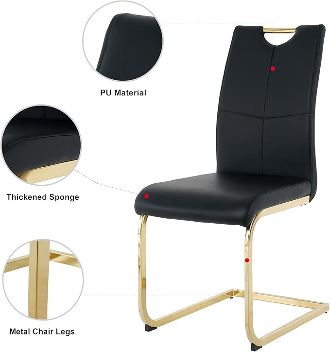 Goujxcy Gold Dining Table Set for 6, Glass Kitchen Table with Chair Set, Modern 51" Rectangle Glass Dining Table and 6 Black PU Leather Chairs with Metal Frame for Kitchen Dining Room