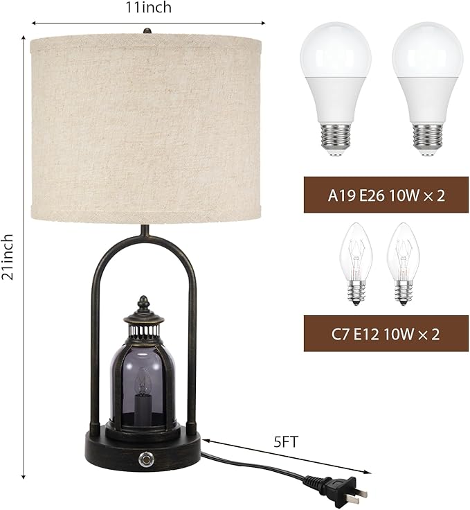 Farmhouse Lantern Table Lamps for Living Room Set of 2, Rustic Vintage Bedroom Nightstand Beside Desk Lamp with 2 USB Charging Ports,Dimmable Touch Night Light,4 Bulbs Included (Black)