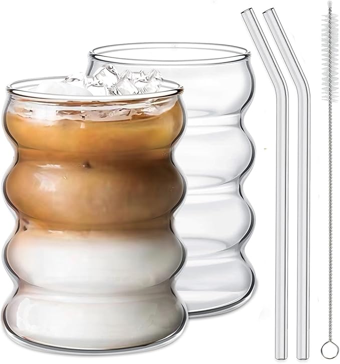 2 Pcs Drinking Glasses with Glass Straw 14oz Glassware Set,Cocktail Glasses,Iced Coffee Glasses,Beer Glasses,Ideal for Water,Soda,Tea,Gift - with Cleaning Brushe