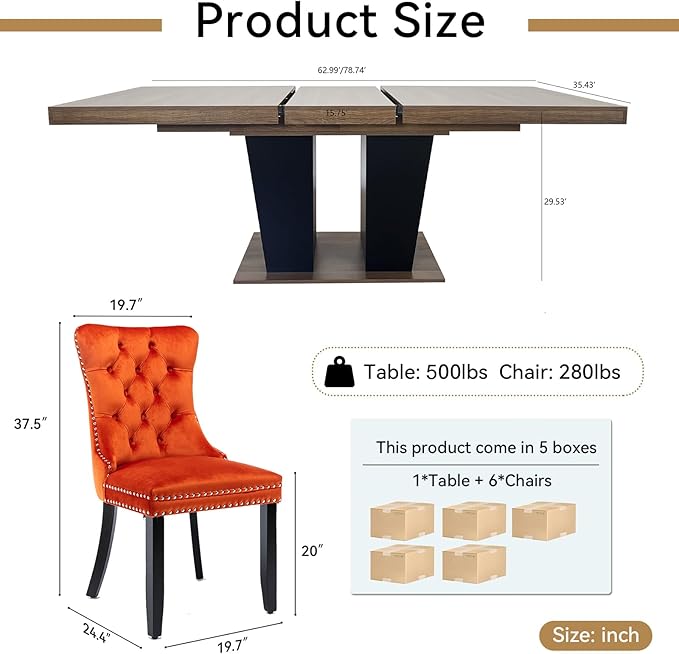 Goujxcy 7-Piece Extendable Dining Table Set for 6-8 People 63-78 Inch Kitchen Table Set with 6 Velvet Upholstered Chairs Farmhouse Rectangular Dining Room Table Set for Kitchen Dining Room Apartment