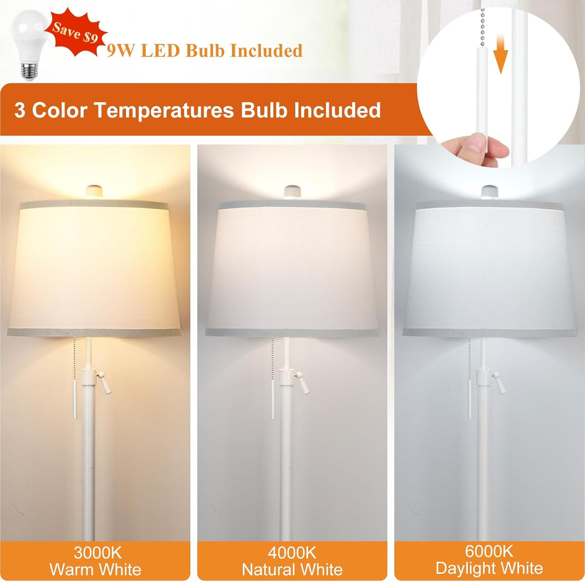 White Floor Lamp for Living Room 55-65" Adjustable Height Modern Standing Lamp with Pull Chain Tall Pole Light with White Shade for Bedroom Reading Office Corner Nursery 9W LED Bulb Included 3 Color