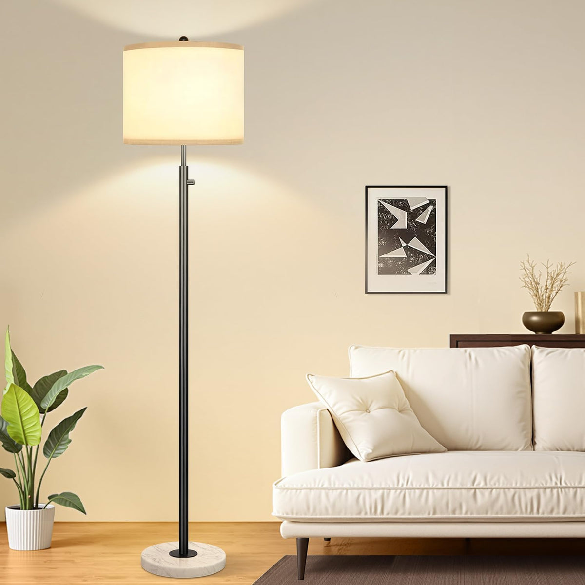 Nintiue Dimmable Floor Lamp for Living Room, 11W LED Bulb Included, Modern Standing Lamp with Marble Base, Tall Pole Light with White Linen Shade for Bedroom Reading Office Corner Nursery-Black