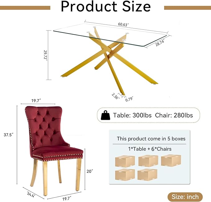 Goujxcy 7 Piece Glass Dining Table Set Modern Glass Dining Table Set for 6, 61" Rectangular Gold Kitchen Table and 6 Velvet Upholstered Wine Red Chairs, Gold Table & Burgundy Chair