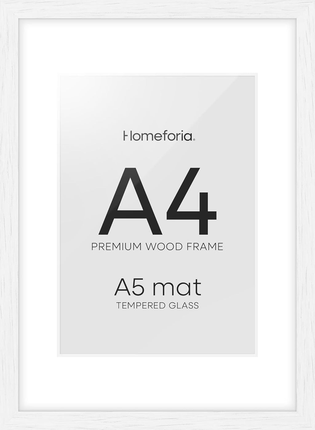 Homeforia A4 Picture Frame White Wood, High-End Oak 8.3 x 11.7 White Poster Frames Matted to 5.8 by 8.3 Photo, 8.3x11.7 Size Wooden Frame with Mat for 5.8x8.3 Print, Tempered Glass, Wall Kit, Set of 1