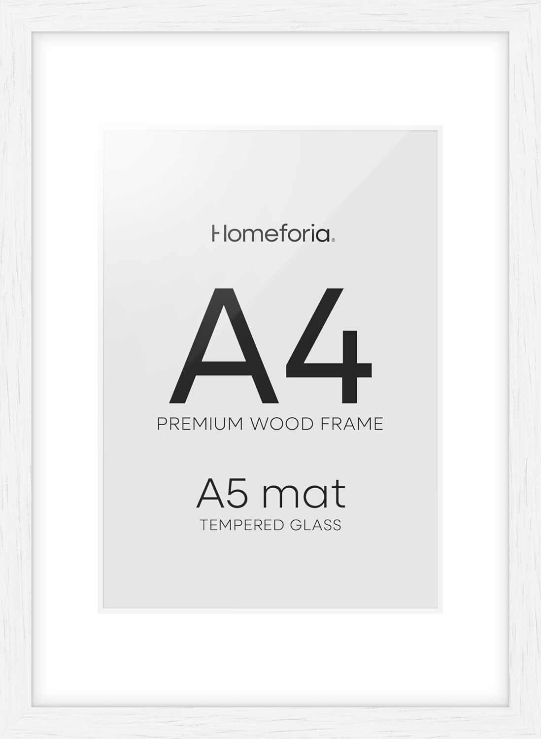 Homeforia A4 Picture Frame White Wood, High-End Oak 8.3 x 11.7 White Poster Frames Matted to 5.8 by 8.3 Photo, 8.3x11.7 Size Wooden Frame with Mat for 5.8x8.3 Print, Tempered Glass, Wall Kit, Set of 1