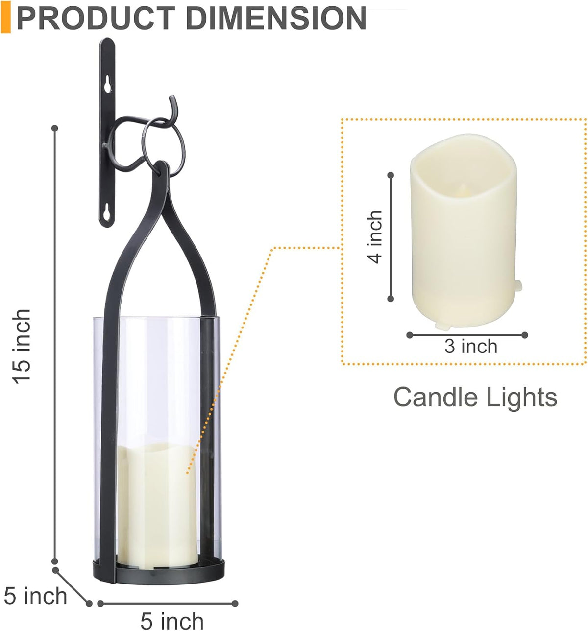 Metal Wall Sconce Candle Lantern Set of 2 - Black Wall Mounted Hanging Holder with Glass & Candles Vintage Wall Decor for Porch, Living Room, Dining Room, Bedroom Indoor Decor