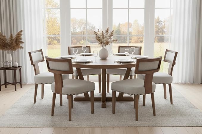 Mid Century Modern Dining Chairs Set of 6 PU Leather Upholstered Kitchen Side Chairs with Nailhead Trim, Modern Kitchen Armless Solid Wood Dining Chairs, Grey