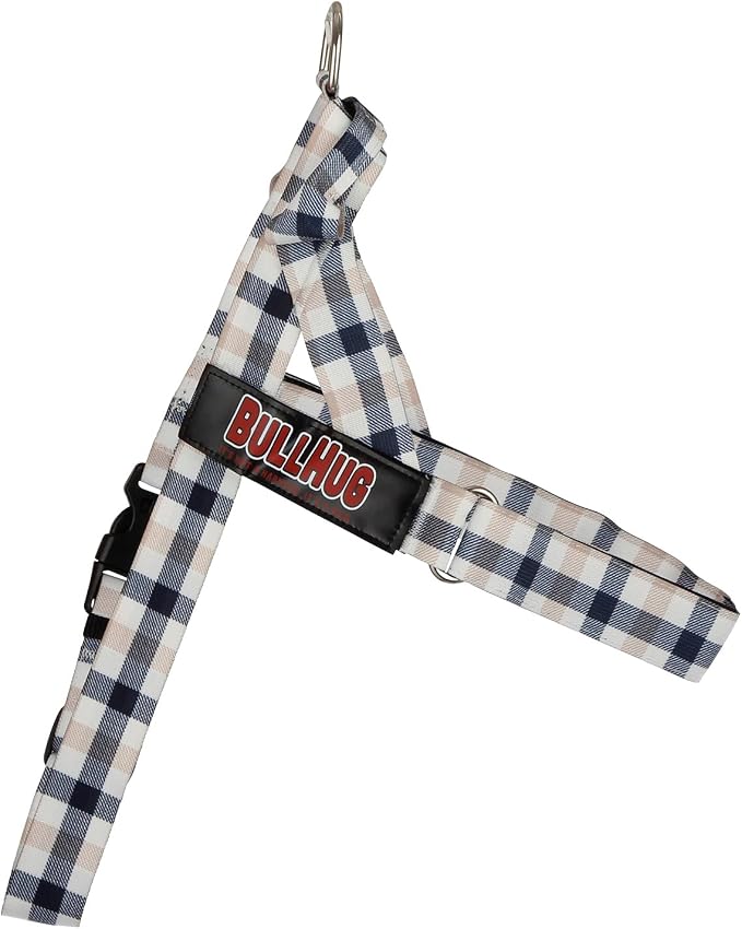 Adjustable Dog Harness– No Pull, No Choke – for English Bulldogs, French Bulldogs, Pugs & Broad-Chested Breeds – Easy, Safe Walks (Blue TAN Plaid, Medium)