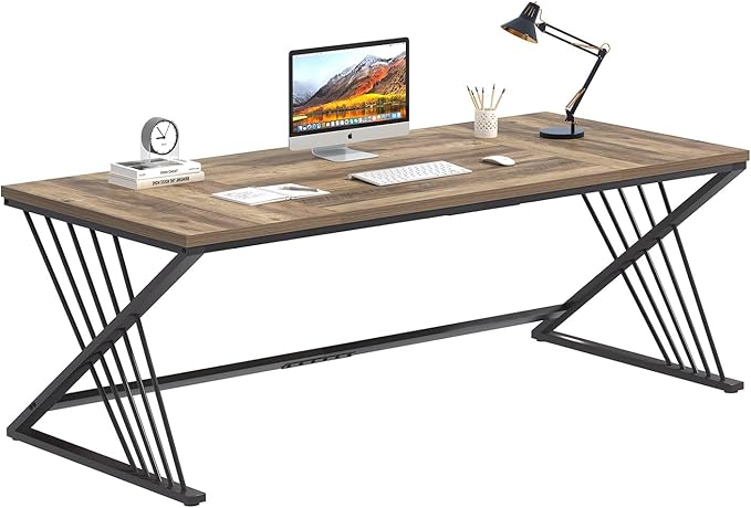 FOLUBAN 70.9" Computer Desk with Z-Shaped Legs, Industrial Work Executive Home Office Desk, Large 2 Person Gaming Study Desk Writing Table, Oak