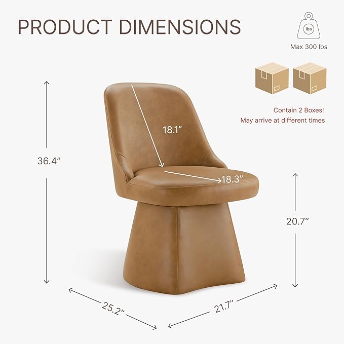 Swivel Dining Chairs Set of 2, Upholstered Mid Century Modern Deskchair with High Back, Faux Leather Kitchen Chairs for Dining Room, Bedroom, Dressing Room, Brown