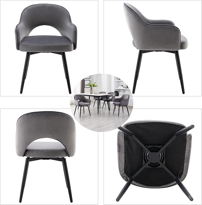 DUOMAY Swivel Dining Chair Set of 2, Velvet Upholstered Side Chair Modern Accent Guest Chair Home Office Desk Chair with No Wheels for Dining Room Living Room Office, Grey