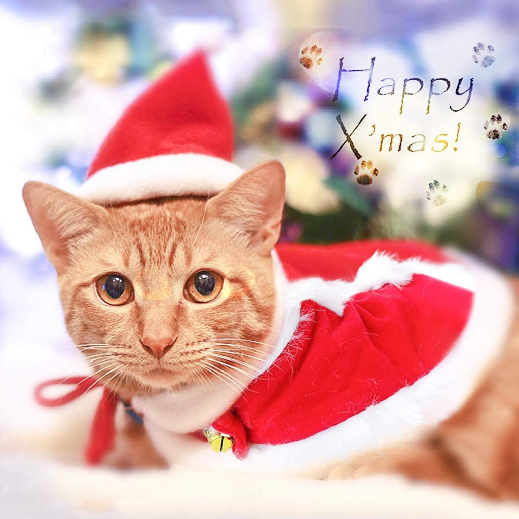 Enjoying Cat Christmas Costume, Pet Santa Claus Hat with Xmas Clothes for Cats Small Dogs, Kitten Christmas Warm Cloak Coat, New Year Puppy Red Hat Outfit