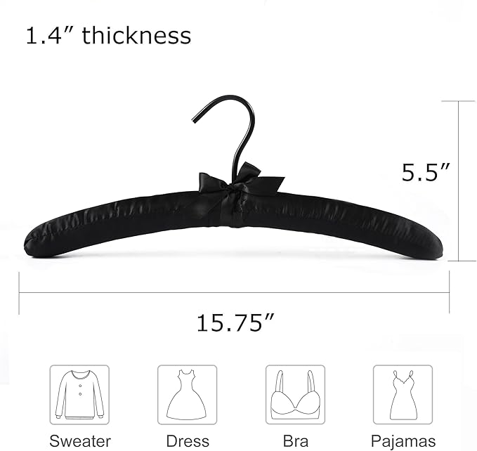 Black Satin Padded Sweater Hangers 5 Pack, Blouse Hanger with Thick & Soft Foam for Bridal Wedding Dress Lingerie, Smooth Silk Covered Shirt Hanger Without Shoulder Bump