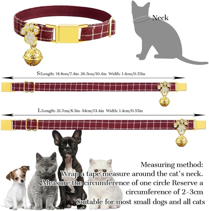 Personalized Breakaway Cat Collars - Magnetic Buckle, Bell - Safety Quick Release, Customized for Girls & Boys Cats- (Checkered-Red)