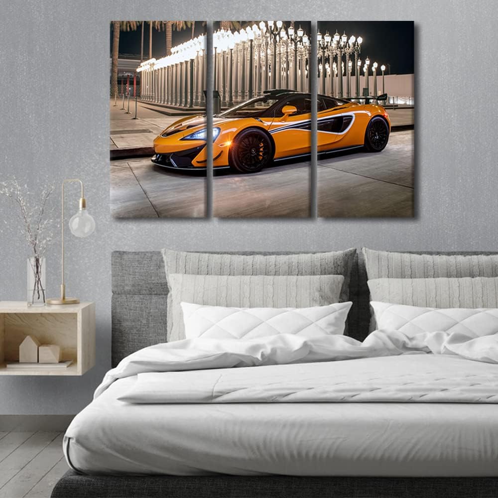 TUMOVO Wall Art for Living Room Orange Sports Car Under the Lights Canvas Supercar Speed Landscape Contemporary Posters Prints Artwork Ready to Hang Bedroom Office 36''Wx24''H