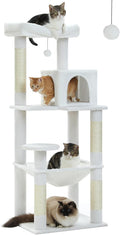 MUTTROS Cat Tree for Large Cats with Metal Plush Big Hammock, 56.3" Cat Tower for Indoor Cats with 2 Door Condo House, 6-Tier Cat Shelves with Scratching Posts and Large Top Perch, Cream White