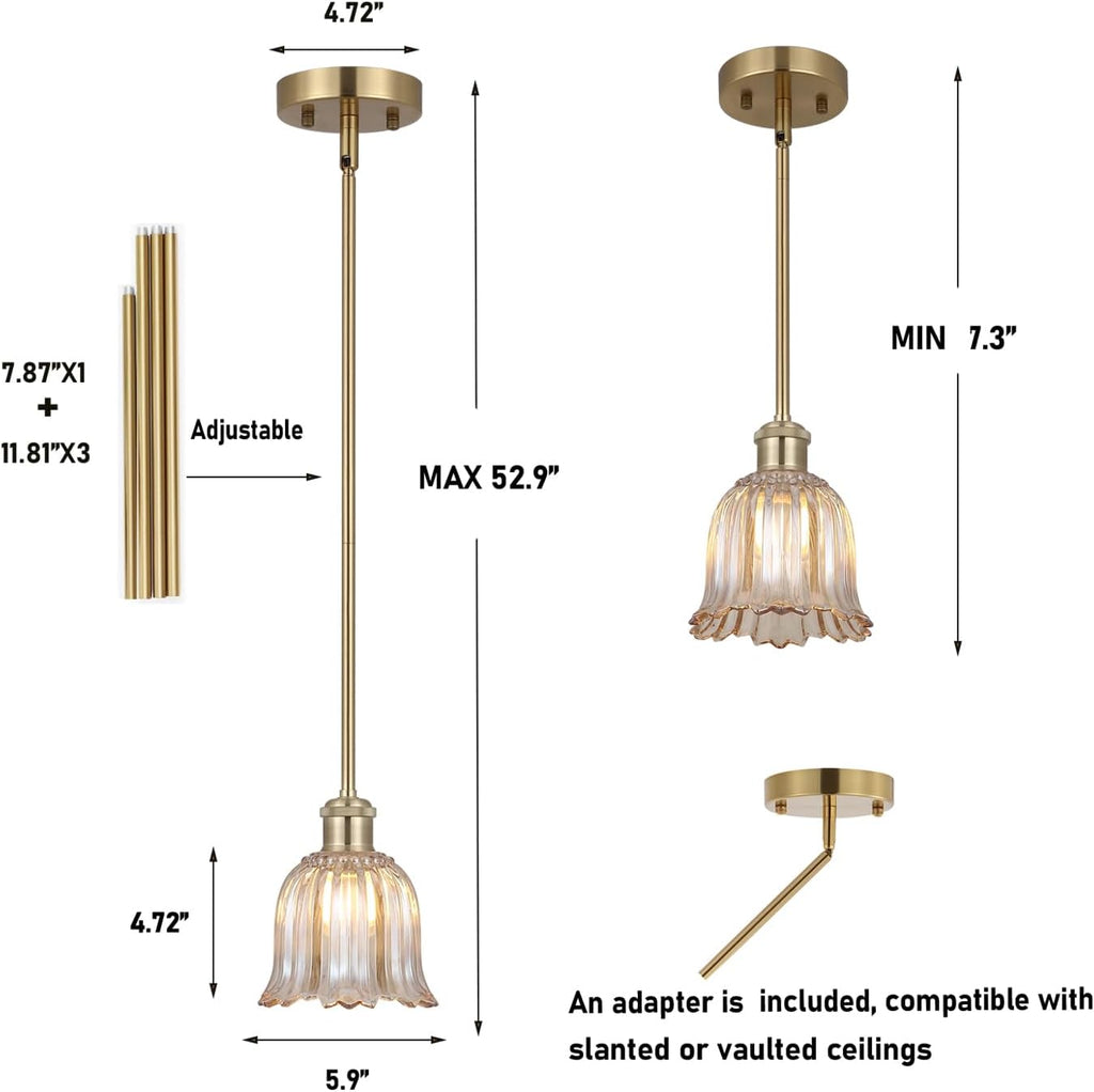 Modern Gold Pendant Light Brushed Brass Mid Century Chandelier Amber Glass Shades Adjustable Rods Farmhouse Ceiling Hanging Lighting Fixture Kitchen Island Dining Room Bedroom
