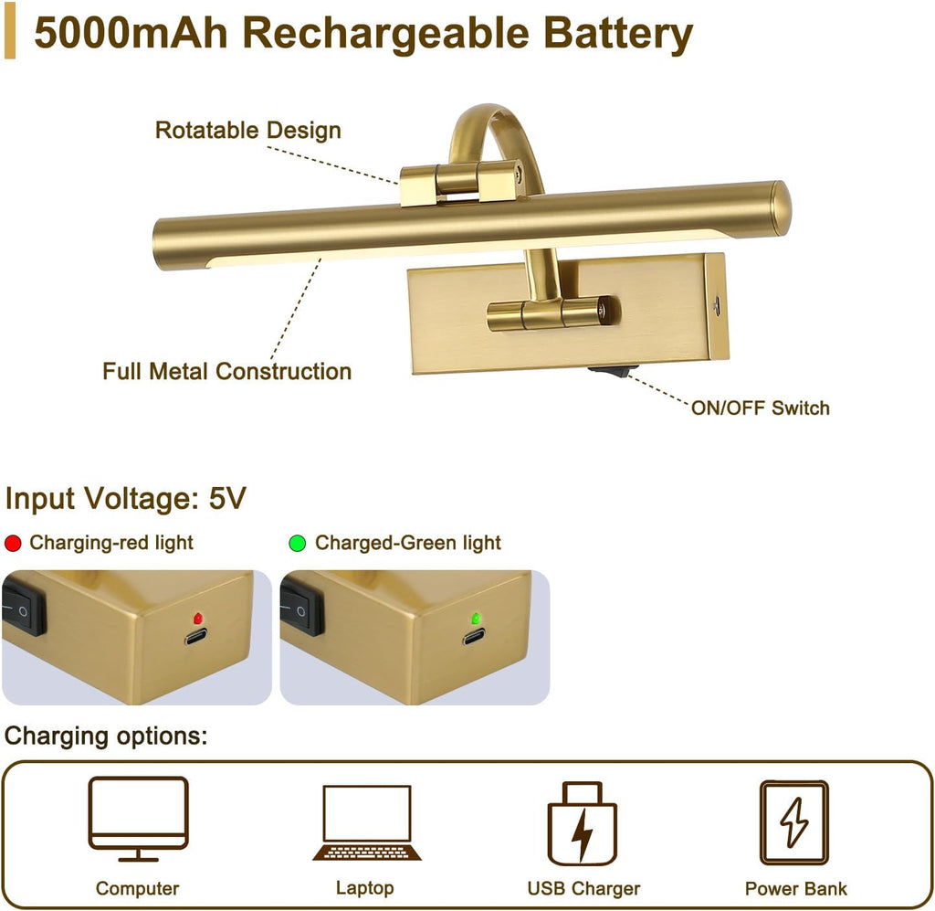 Wireless Picture Lights for Wall Rechargeable Brass Gallery Lights Battery Operated Art Lamps with Remote and Timer Dimmable Painting Lights for Artwork Portrait Display 12 Inch 2W 2700K