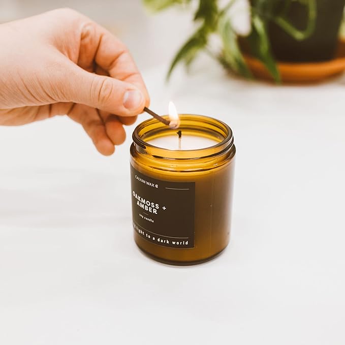 Calyan Wax Co. Oakmoss & Amber Scented Candle - 57 Hour Burn - Luxury Non Toxic Soy Wax Candles - Long Lasting Amber Glass Jar Candle for Home - 7.2oz