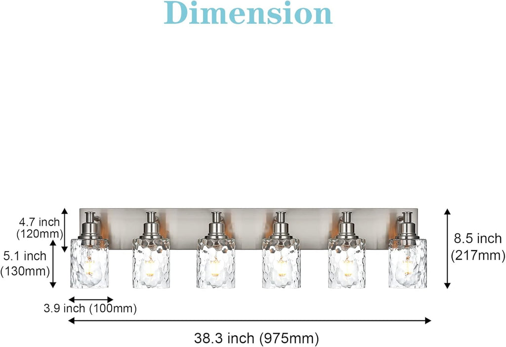 BONLICHT Vanity Light Fixture Brushed Nickel 6-Light Modern Farmhouse Wall Sconce Bathroom Lighting with Hammered Glass Industrial Wall Mount Lights for Kitchen Dining Room Cabinet Corridor