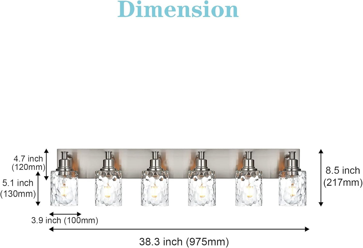 BONLICHT Vanity Light Fixture Brushed Nickel 6-Light Modern Farmhouse Wall Sconce Bathroom Lighting with Hammered Glass Industrial Wall Mount Lights for Kitchen Dining Room Cabinet Corridor