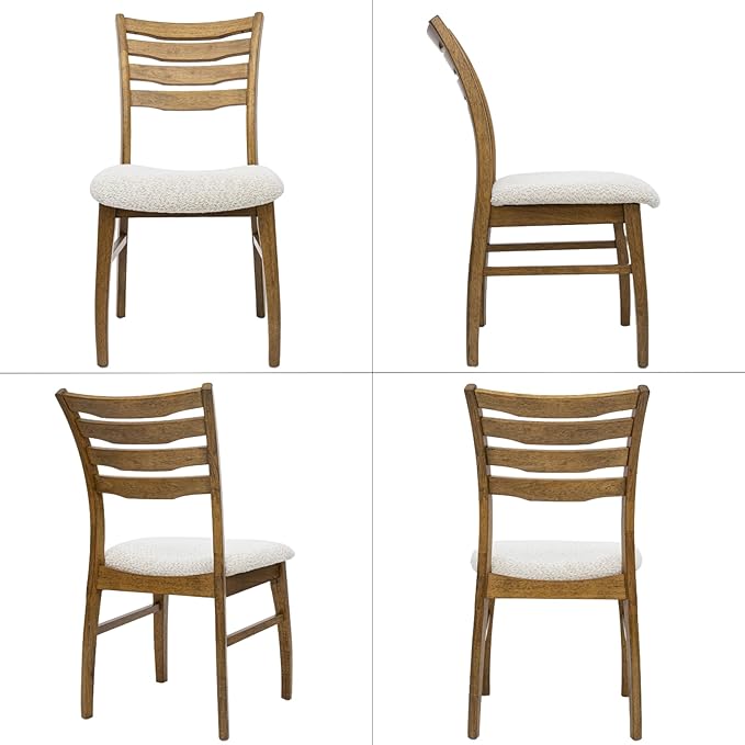 DUOMAY Farmhouse Dining Chairs Set of 6, Fur Beige Upholstered Side Chairs Solid Wood Ladder Back Kitchen Chairs for Home Dining Room, Browm Frame