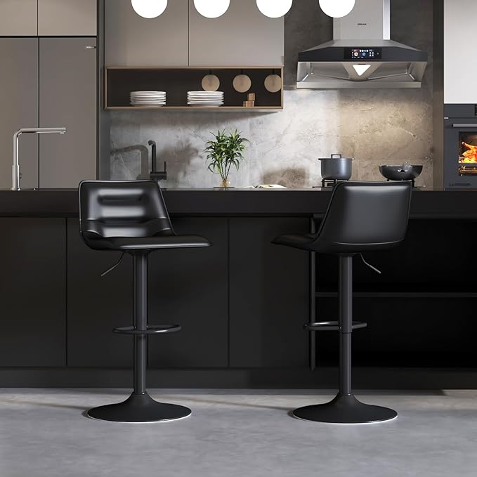 Brage Living Adjustable Bar Stools Set of 2, Modern PU Leather Swivel Counter Height Barstools with Back, Armless Airlift Curved Bar Chairs for Kitchen Dining Cafe (Black, Black Base)