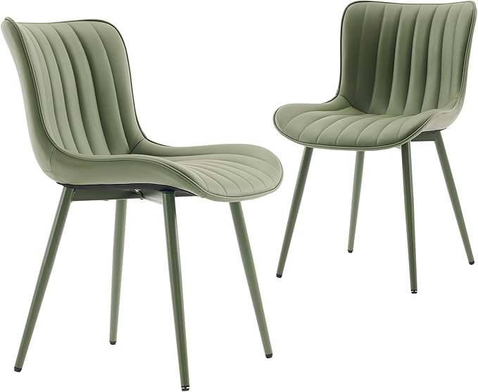 YOUNUOKE Mid-Century Modern Dining Chairs Set of 2, Green PU Leather Upholstered Kitchen Chairs with Green Metal Legs, Armless Accent Chair for Dining Room, Guest Reception Room