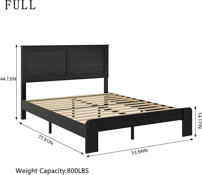 Full Size Bed Frame, Rustic Vintage Platform Bed Frame with Wood Headboard and Footboard, 12 Wood Slats Support, No Box Spring Needed (Black, Full)