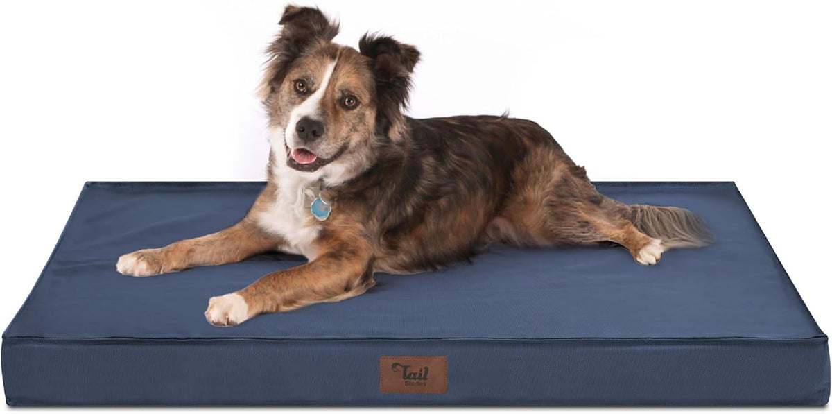 Large Outdoor All Weather Dog Bed, Waterproof Dog Bed for Large Dogs, Orthopedic Egg Foam Pet Bed with Washable and Removable Oxford Cooling Cover, Navy