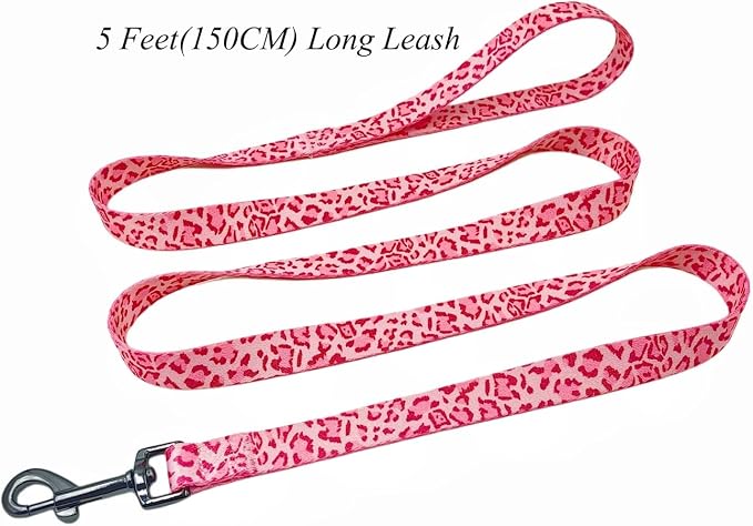 Dog Collar Leash Set, Leopard Pattern, Polyester Material, Adjustable Collar and 5ft Matching Leash, for Large Dogs.(L, Pink Leopard)