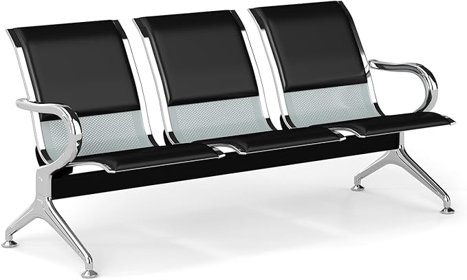 Kinfant 3-Seat Waiting Room Bench Set - PU Leather Office Chair Guest Reception Waiting Room Chair for Airport, Hospital, Bank, Salon, Barbershop, Black