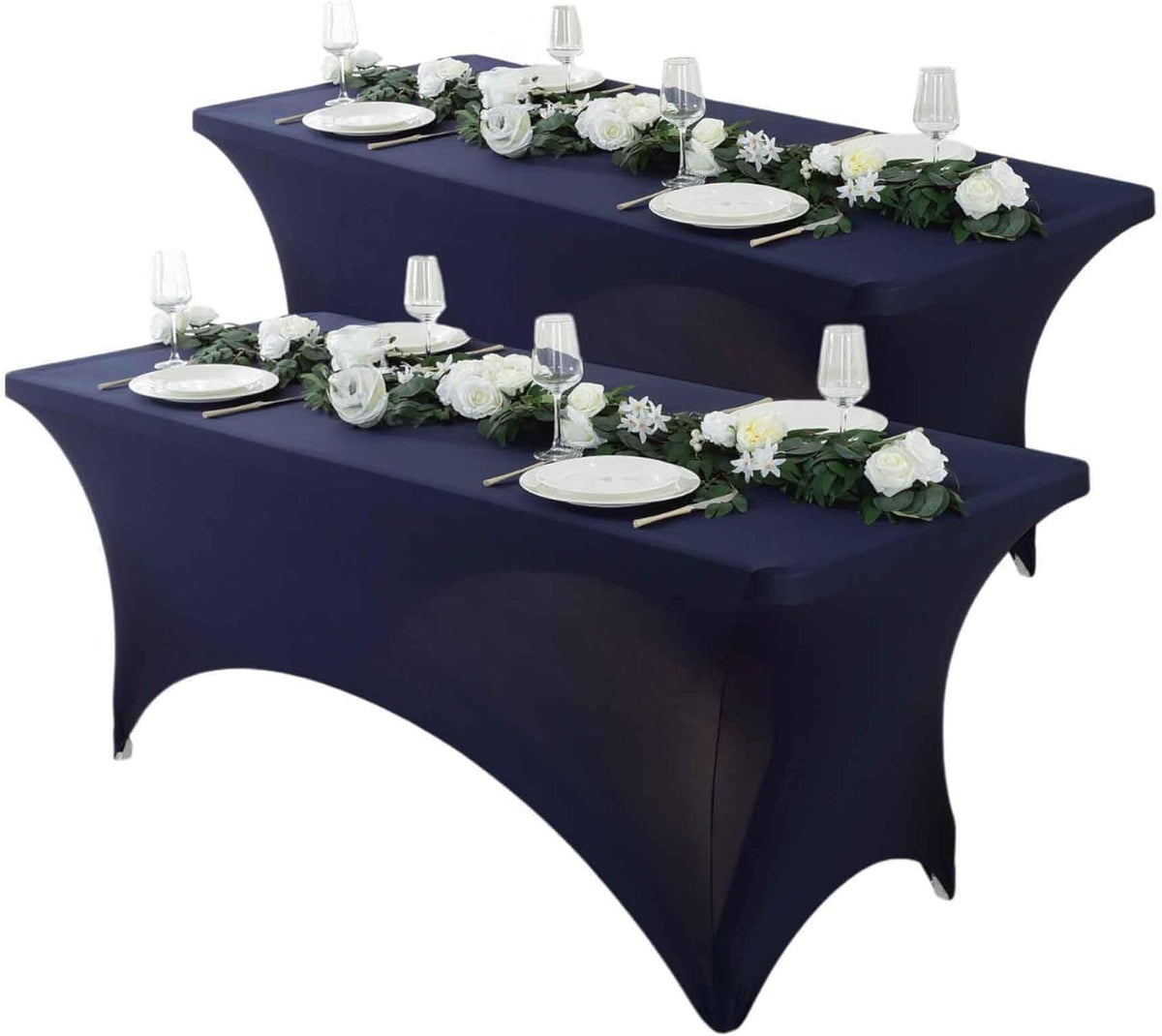 Craft And Party 2 Pack 8ft Navy Blue Spandex Tablecloth – Fitted Stretch Cover – Universal Fit for Folding Tables – Wrinkle-Free, Washable – Ideal for Parties, Weddings, Events